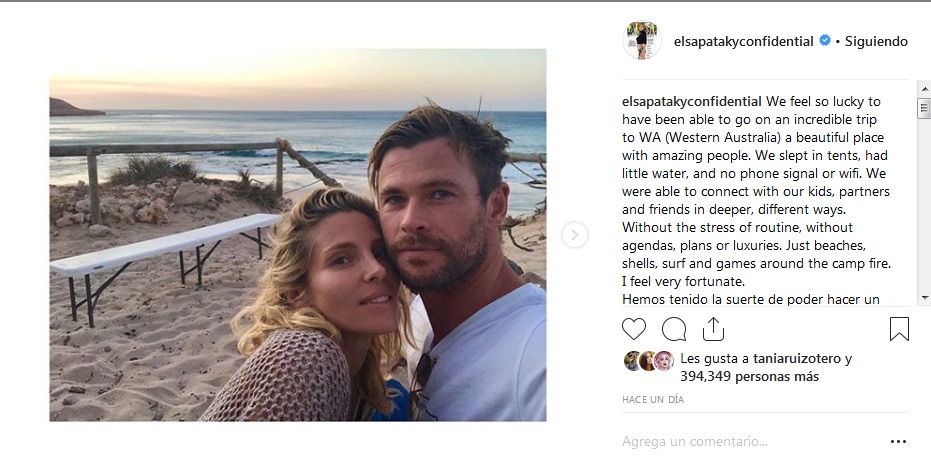 Elsa Pataky y Chris Hemsworth foto en Instagram