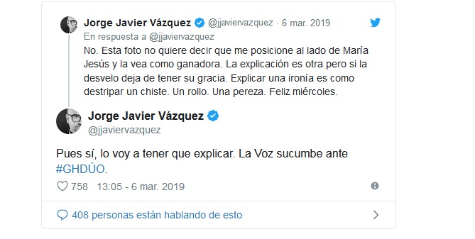 Contestación en Twitter de Jorge Javier Vázques a sus seguidores